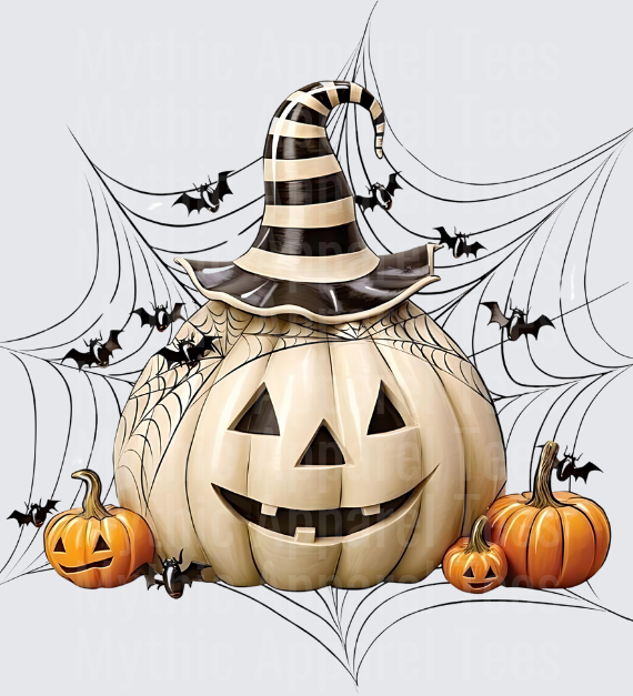 Cream White Jack-O-Lantern Wearing Striped Witch Hat Surrounded by Spider Webs Bats and Mini Pumpkins