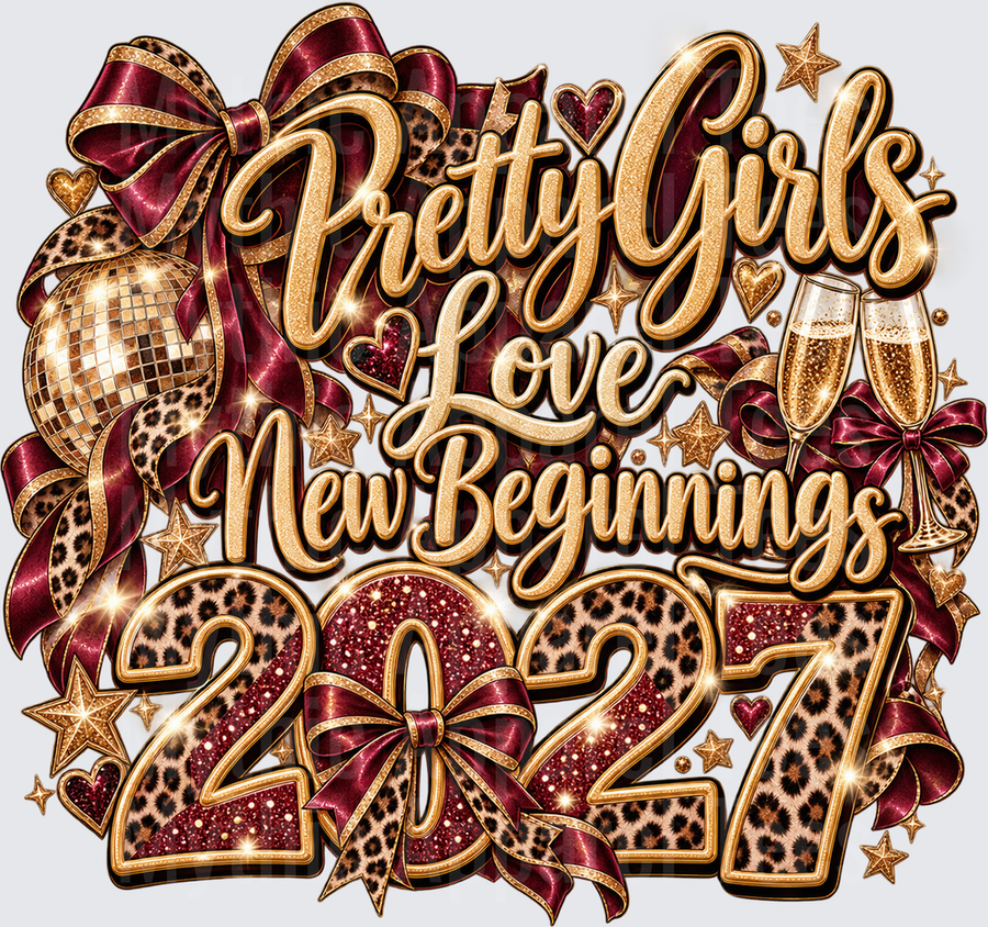 Pretty Girls Love New Beginnings 2027 Leopard Print Glitter Gold New Year Champagne Disco Ball Bow Design