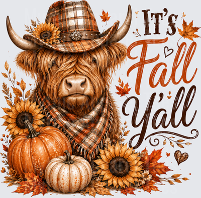 Highland Cow It's Fall Y'all Plaid Cowboy Hat Pumpkins Sunflowers Autumn Leaves