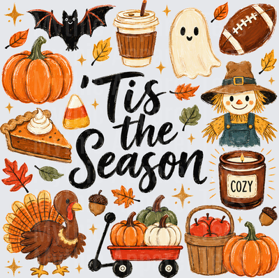 Fall Designs Tis The Season Autumn Collage with Pumpkins Scarecrow Ghost Turkey Bat Candy Corn Cozy Candle Football and Fall Leaves