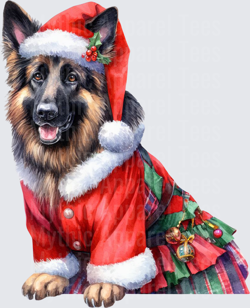 German Shepherd Santa Claus Outfit Holly Hat Christmas Ornaments Watercolor