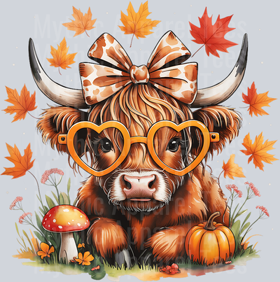 Fall Highland Cow Pumpkin Bow ThanksGiving Fall Girl Women T-Shirt