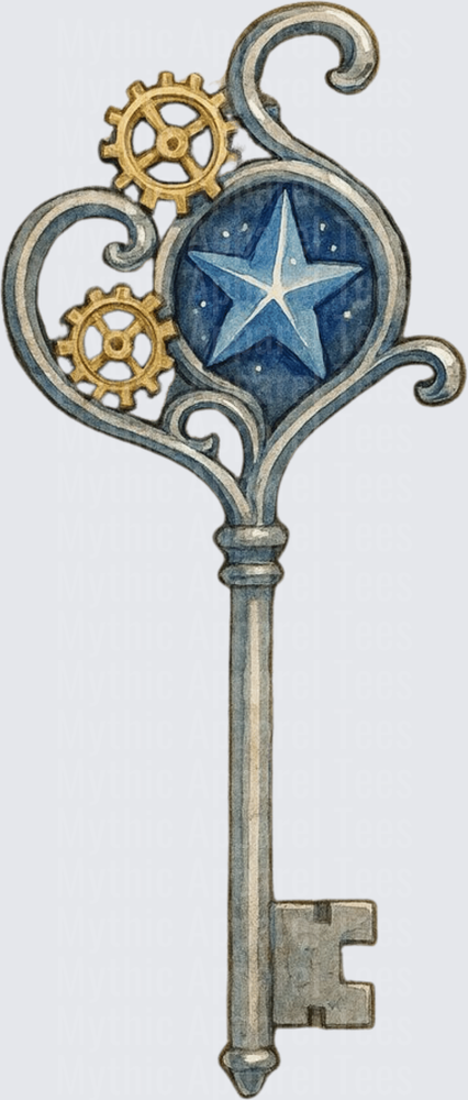 Steampunk Celestial Skeleton Key with Blue Star Gem and Gold Gears Watercolor