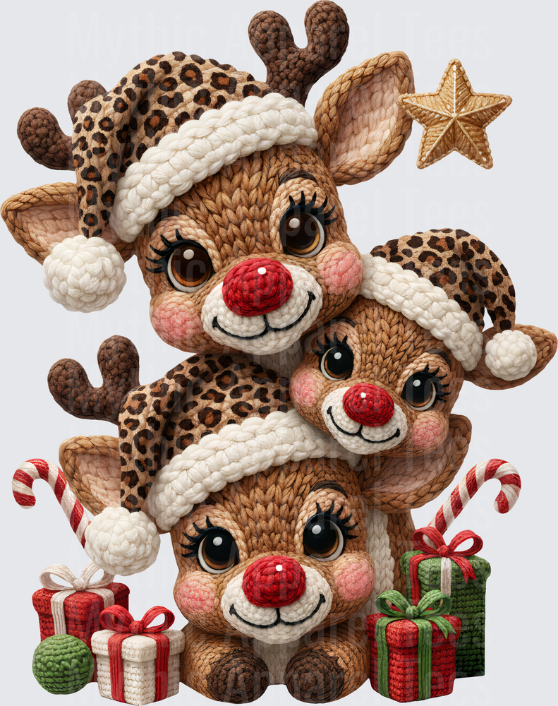 Crochet Knit Rudolph Red Nosed Reindeer Family Stack Leopard Print Santa Hats Christmas Gifts Candy Canes Gold Star