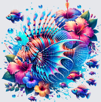 Ocean Animals Vibrant Lionfish Hibiscus Floral Tropical Splash