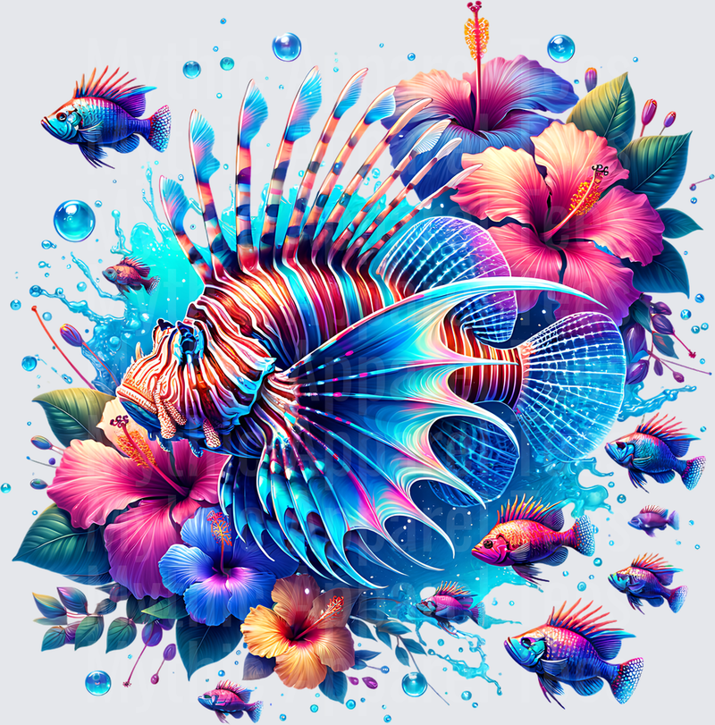 Ocean Animals Vibrant Lionfish Hibiscus Floral Tropical Splash