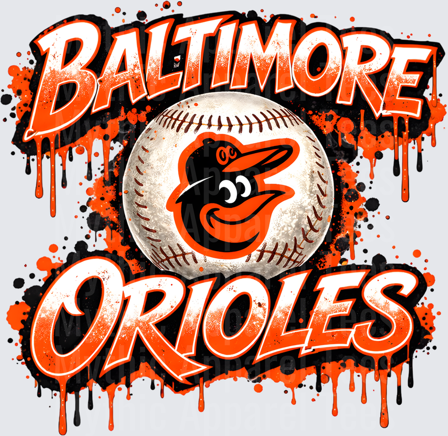 MLB Transfers Baltimore Orioles Graffiti Style Baseball Design with Paint Drips