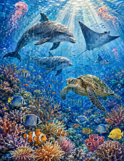 Ocean Animals Vibrant Coral Reef Dolphins Turtle Rays Jellyfish