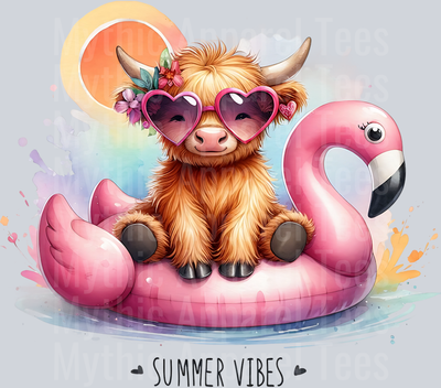 Summer vibes highland cow full color pink flamingo DTF Summer Transfers