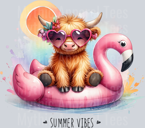 Summer vibes highland cow full color pink flamingo DTF Summer Transfers