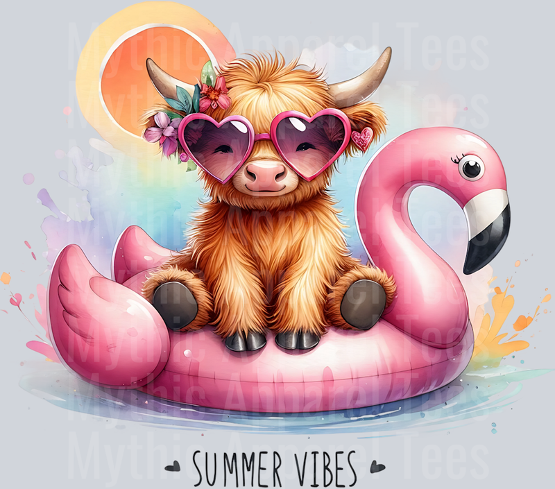 Summer vibes highland cow full color pink flamingo DTF Summer Transfers