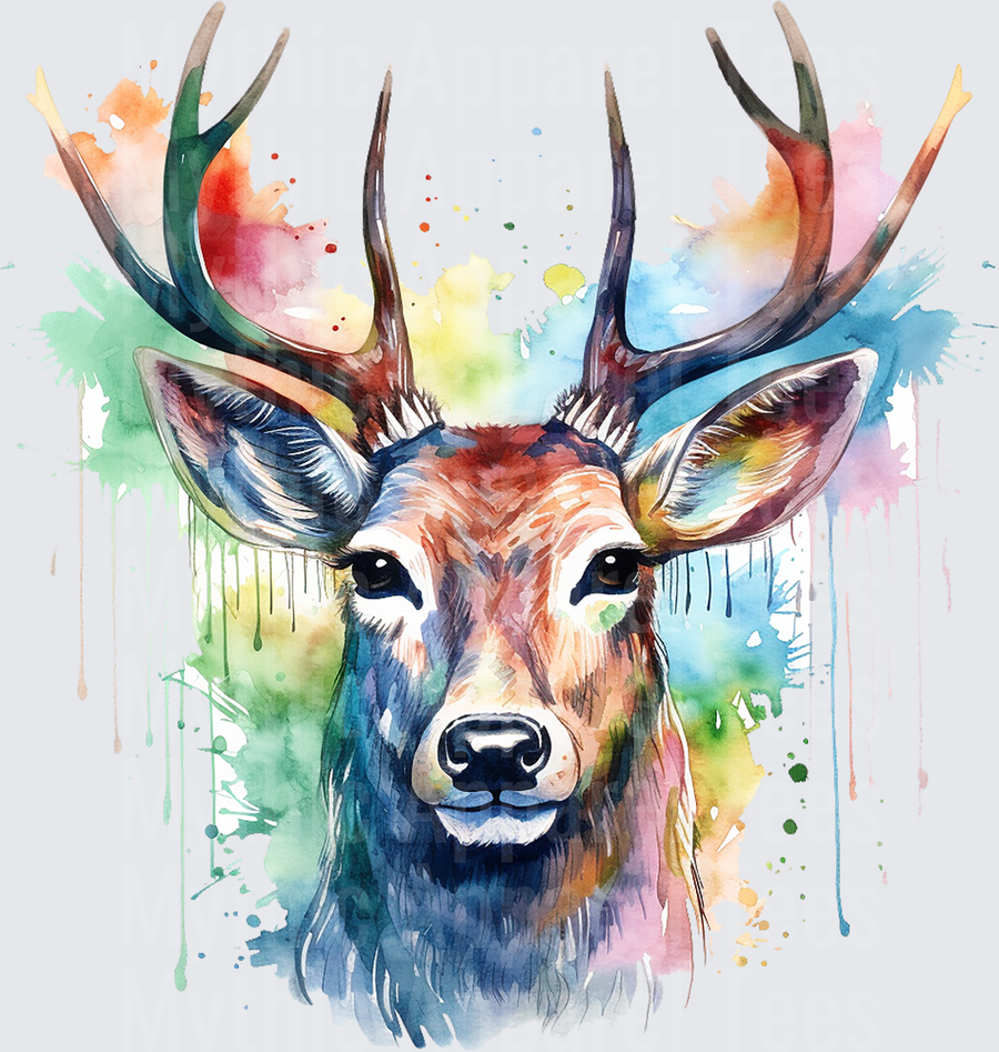 Colorful Watercolor Whitetail Buck Portrait with Rainbow Paint Splatter and Drip Effect