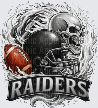 Raiders Flaming Skull Black Football Helmet and Football Grayscale Bold Banner Design