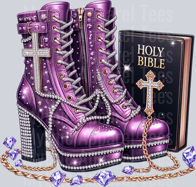 Bling boots on bible 9 Purple Prayer Warrior DTF Religious Transfers