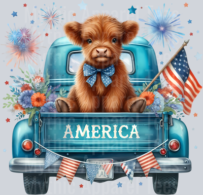 Teal Truck with American Flag DTF Patriotic Highland Cow Transfers