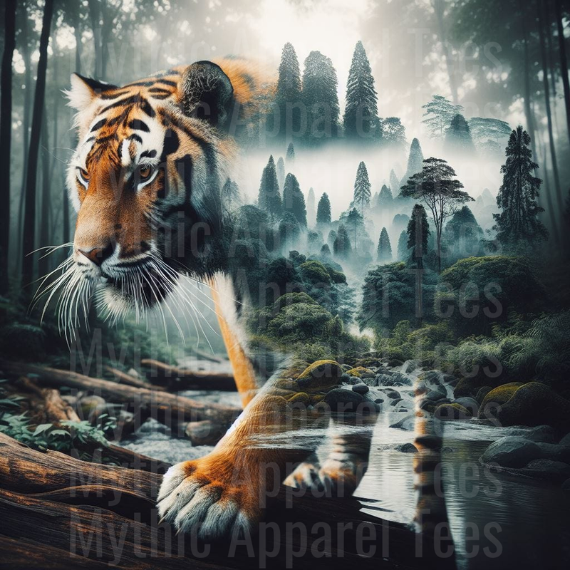 Majestic Bengal Tiger Double Exposure Misty Forest River Landscape Nature Wildlife Art
