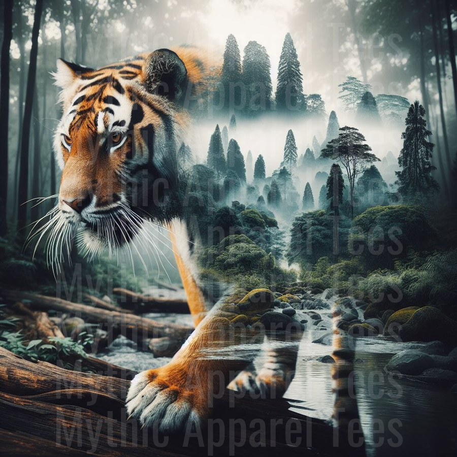 Majestic Bengal Tiger Double Exposure Misty Forest River Landscape Nature Wildlife Art