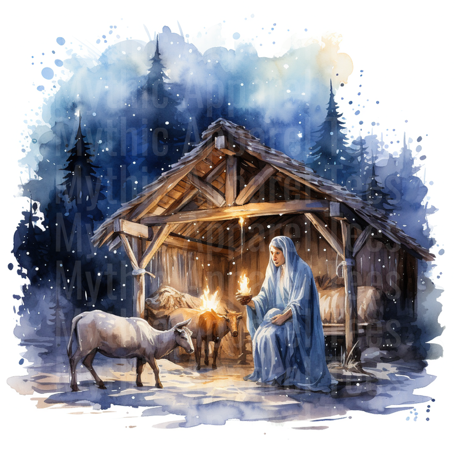 Nativity Scene Watercolor Mary Manger Stable Winter Night