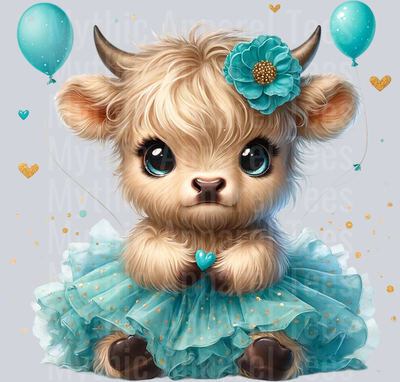 Cute Highland Cow Baby Aqua Balloon Heart and Flower in hair DTF Precious Highland Cow Transfers