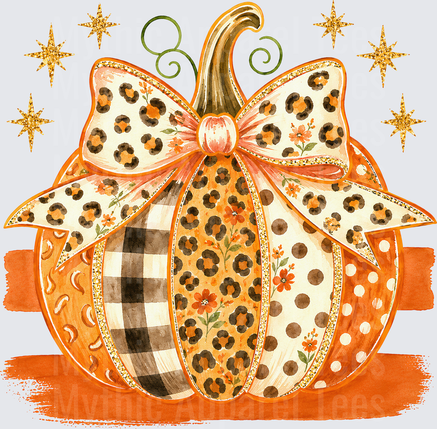 Fall Designs Patchwork Pumpkin with Leopard Print Buffalo Plaid Polka Dot and Floral Sections Leopard Bow and Gold Glitter Stars