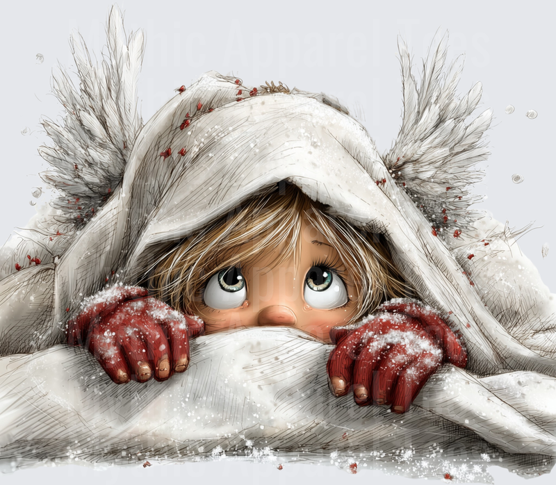 Whimsical Child Angel Peeking Under Snowy White Blanket With Red Mittens And Wings