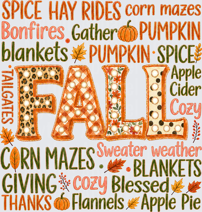 Fall Designs Patchwork Letter Word Collage with Pumpkin Spice Hay Rides Bonfires Sweater Weather Apple Cider Corn Mazes Thanksgiving Autumn Typography
