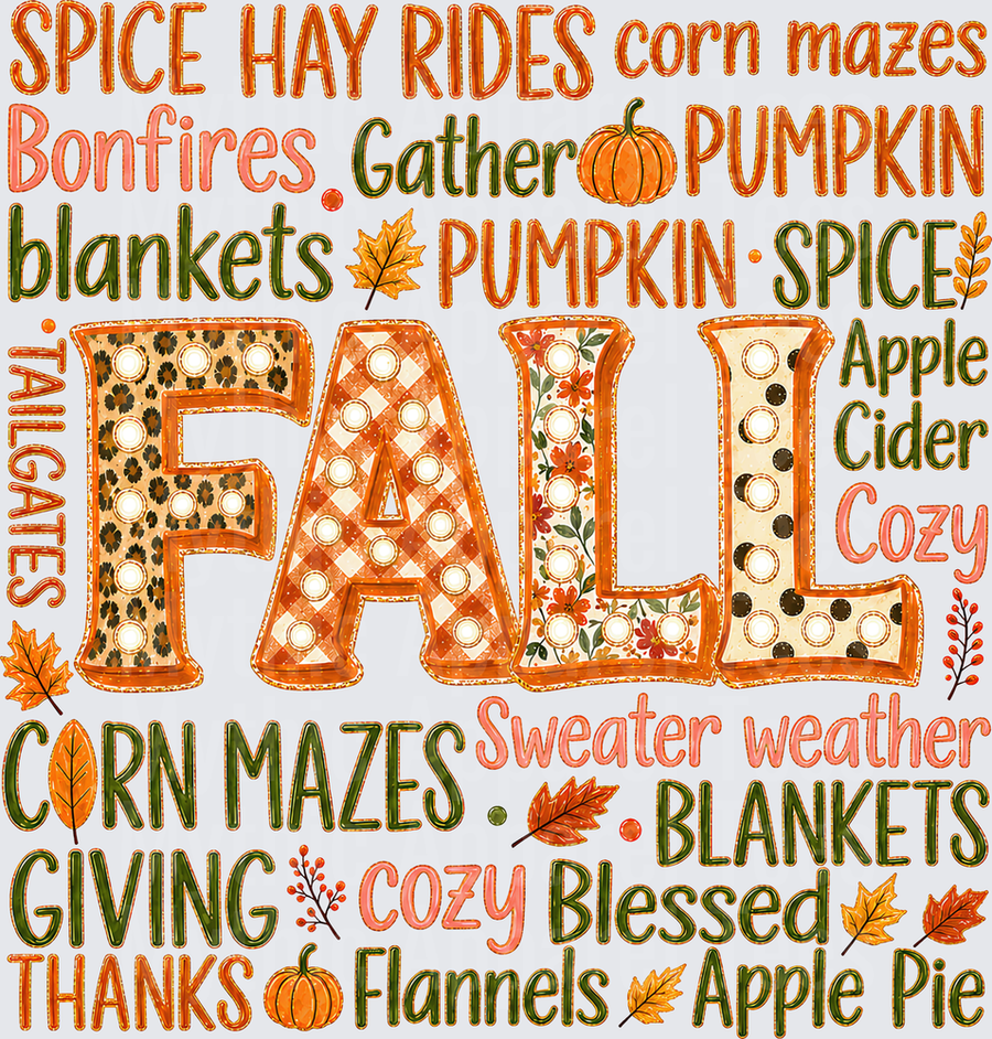 Fall Designs Patchwork Letter Word Collage with Pumpkin Spice Hay Rides Bonfires Sweater Weather Apple Cider Corn Mazes Thanksgiving Autumn Typography