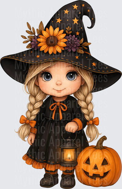 Cute Little Witch Girl with Braids Sunflower Hat Lantern and Jack-O-Lantern Halloween