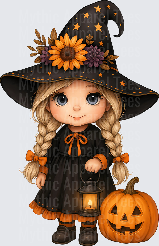 Cute Little Witch Girl with Braids Sunflower Hat Lantern and Jack-O-Lantern Halloween