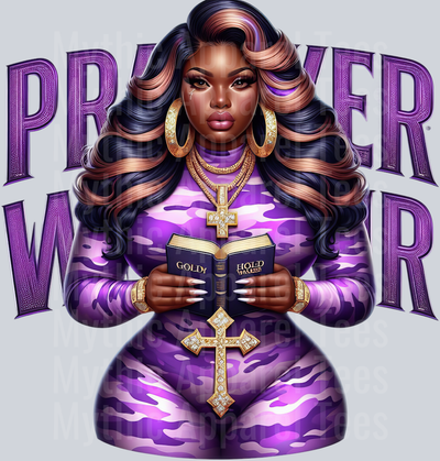 Girl with open bible 4 cross PW Purple Prayer Warrior DTF Religious Transfers
