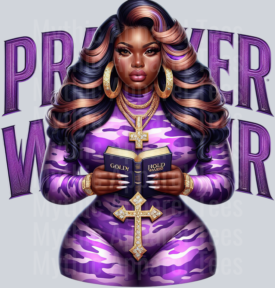 Girl with open bible 4 cross PW Purple Prayer Warrior DTF Religious Transfers