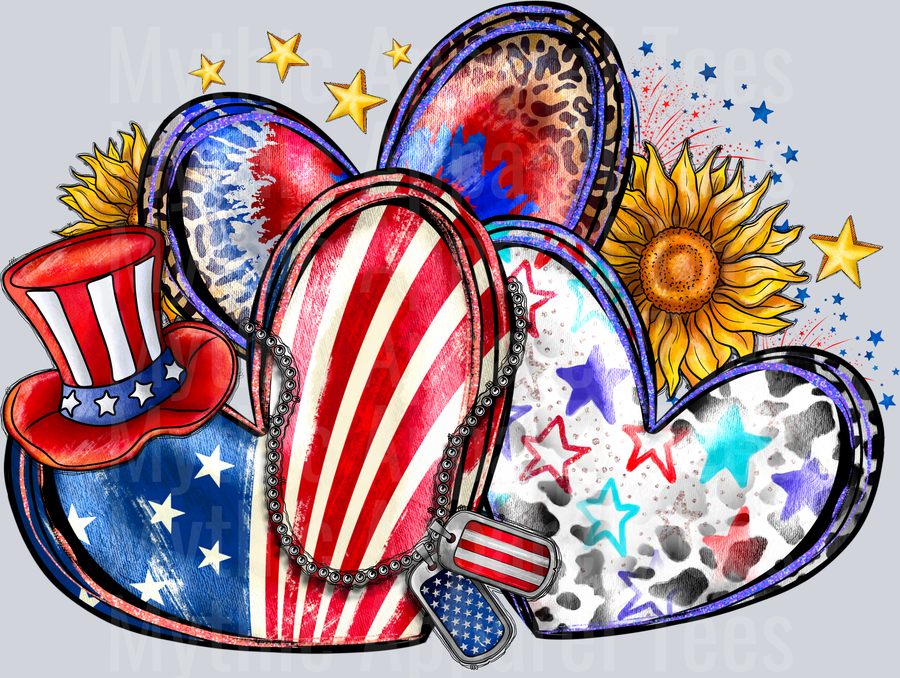 Love America hearts and flowers 2 4th of july DTF Patriotic Transfers