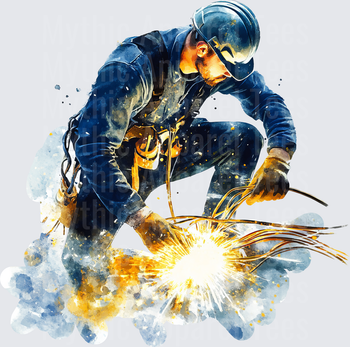 Watercolor Electrician Worker Handling Sparking Wires in Hard Hat and Tool Belt