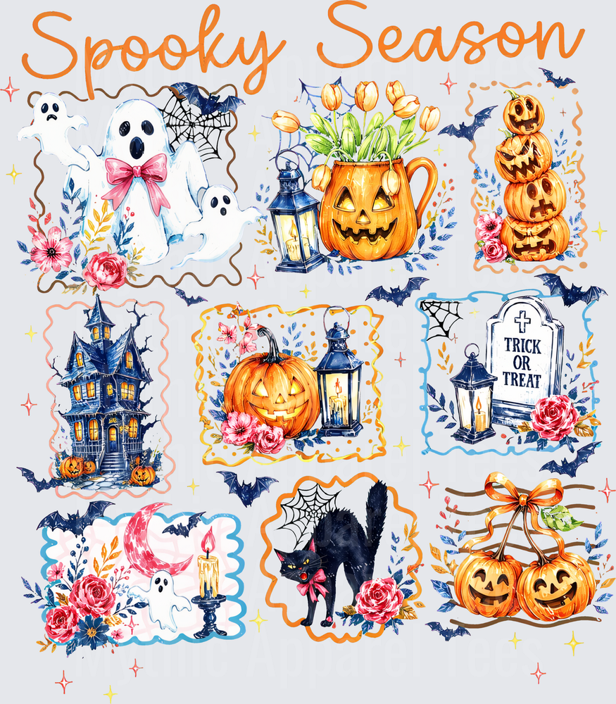 Spooky Season Halloween Watercolor Patch Bundle Ghosts Pumpkins Haunted House Black Cat Trick Or Treat Graveyard Floral Bats Lanterns