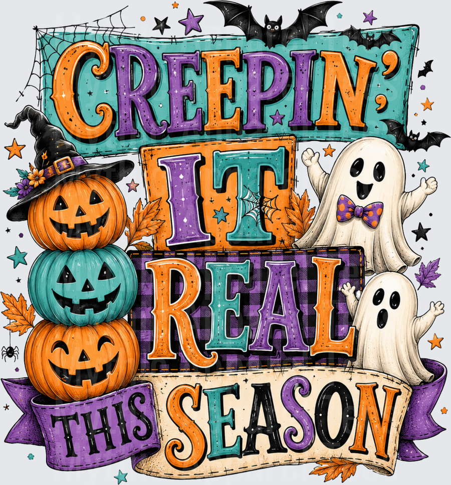 Creepin It Real This Season Halloween Stacked Jack-O-Lanterns Witch Hat Ghosts Bats Stars Autumn Leaves Colorful Typography