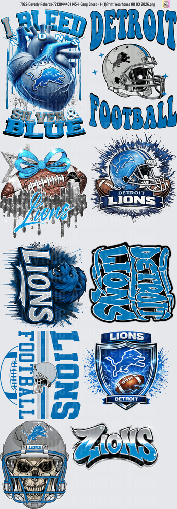 Gang Sheet FULL SIZE DESIGNS Detroit Lions Football Team Logo Collection with Skull Helmet