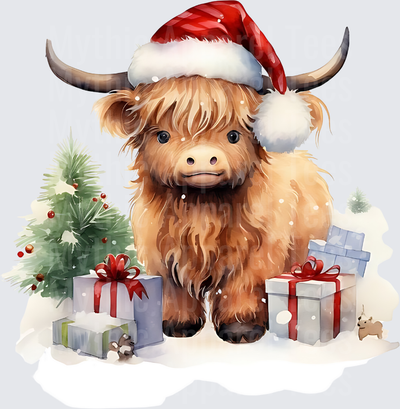 Highland Christmas Cow Santa Hat Gifts Watercolor Cute Calf