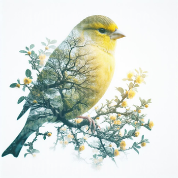 Yellow Greenfinch Double Exposure Perched on Flowering Spring Branch with Forest Silhouette