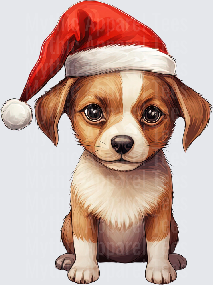 Cute Brown and White Puppy Wearing Red Santa Hat Christmas Holiday