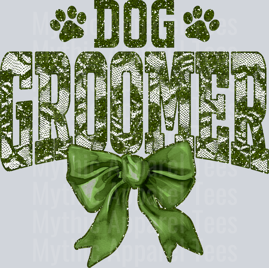 Olive Green Lace Dog Groomer St Patrick's Day College Font Floral and shamrock pattern