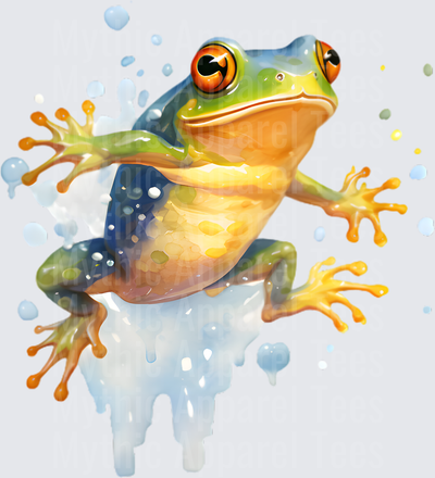 Watercolor Tree Frog Leaping with Water Splashes and Drips Orange Eyes Green Blue Yellow Tones