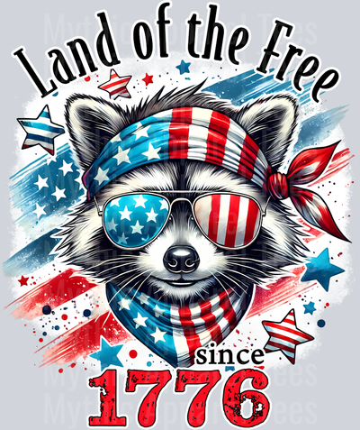 Land of the free 1776 racoon with glasses DTF Patriotic Transfers