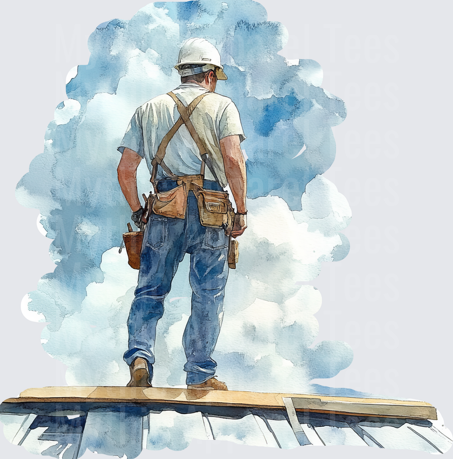 Watercolor Construction Worker Standing on Rooftop Gazing at Cloudy Sky with Tool Belt and Hard Hat