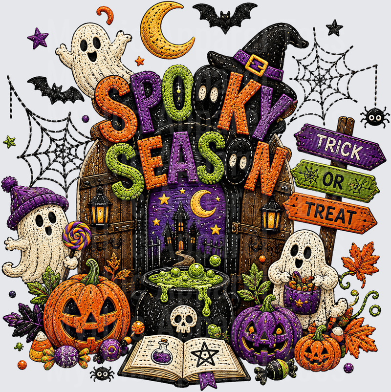 Halloween Spooky Season Trick or Treat Embroidery Style Ghost Pumpkin Bat Witch Hat Cauldron Spell Book Design