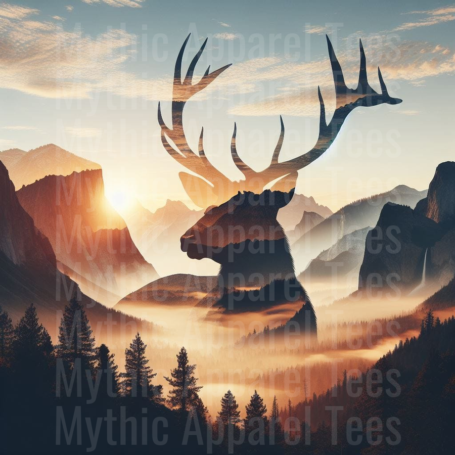Double Exposure Bull Elk Silhouette with Misty Mountain Valley Sunrise and Pine Forest Landscape