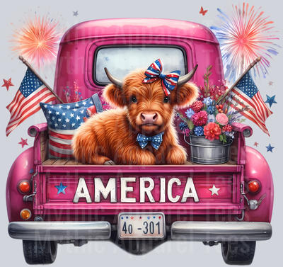 Pink Truck with 2 American Flags DTF Patriotic Highland Cow Transfers