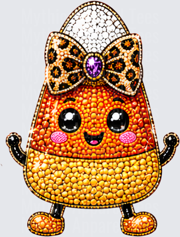 Halloween Bling Kawaii Candy Corn Character with Leopard Print Bow Diamond Art Style