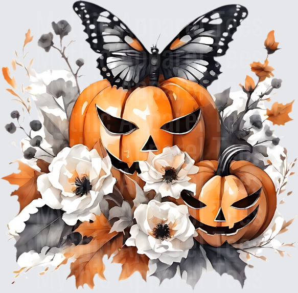 Watercolor Halloween Jack-O-Lanterns with Black Butterfly and White Floral Arrangement