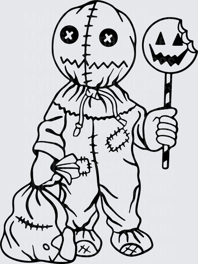 Sam Trick r Treat Horror Character Holding Jack-o-Lantern Lollipop with Candy Sack Black and White Line Art