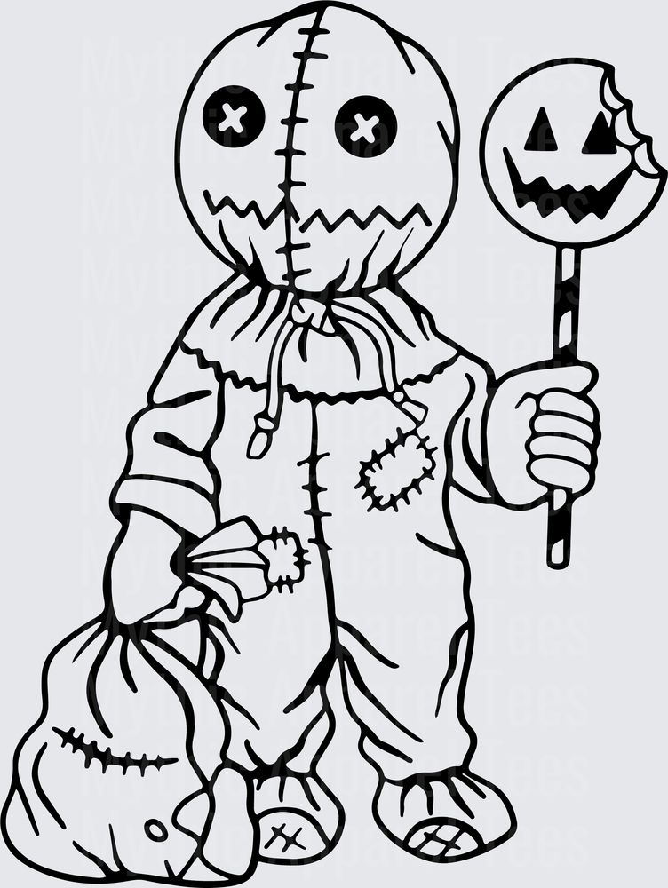 Sam Trick r Treat Horror Character Holding Jack-o-Lantern Lollipop with Candy Sack Black and White Line Art